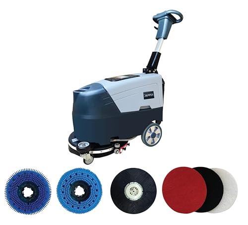 Battery Powered Scrubber Machine, 16" Brush, 21.5" Squeegee Width, 6.5 gal Tank, Brush Speed 200 RPM, with 3 Scouring pads