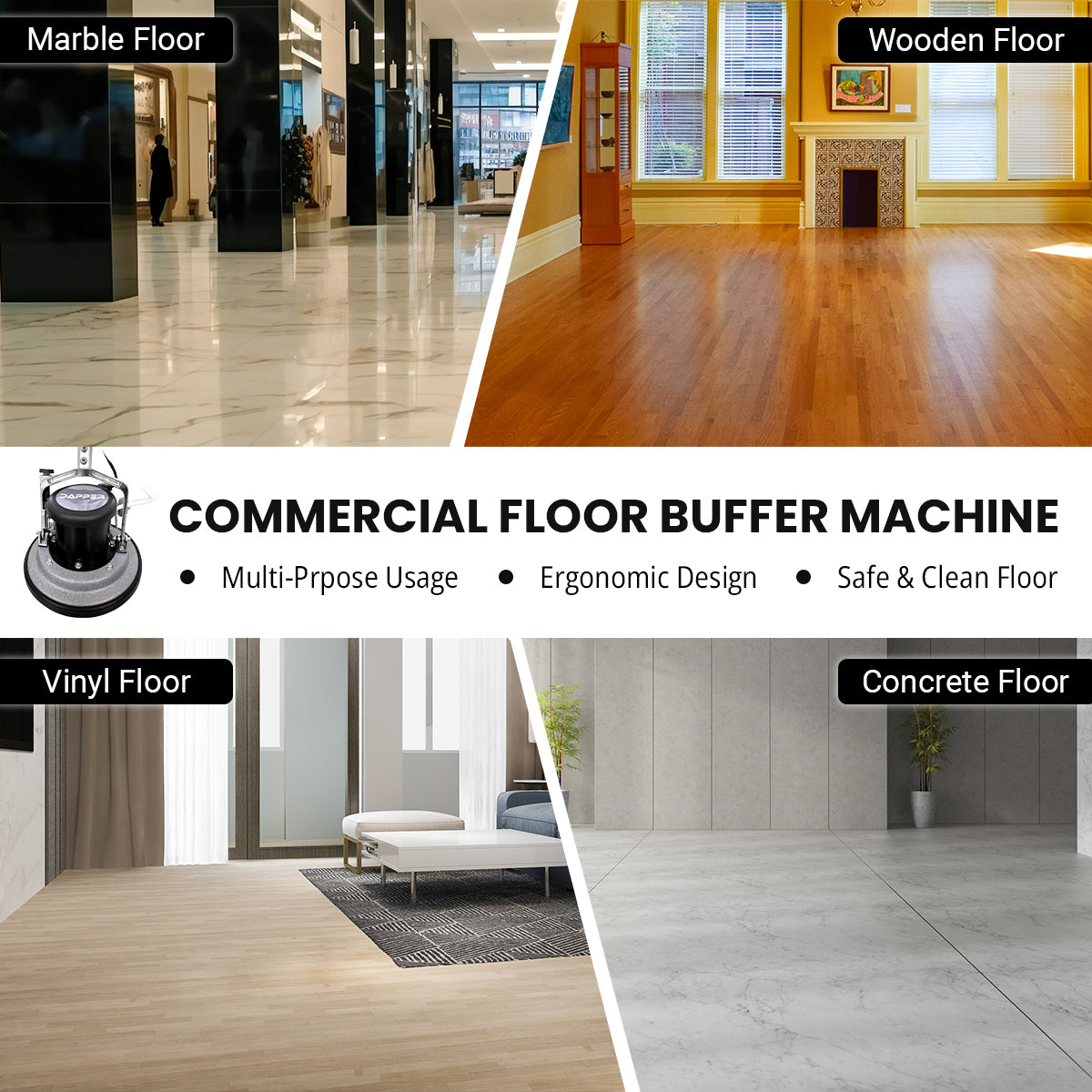 13" Multi-Purpose Floor Buffer Machine with Scouring Pads