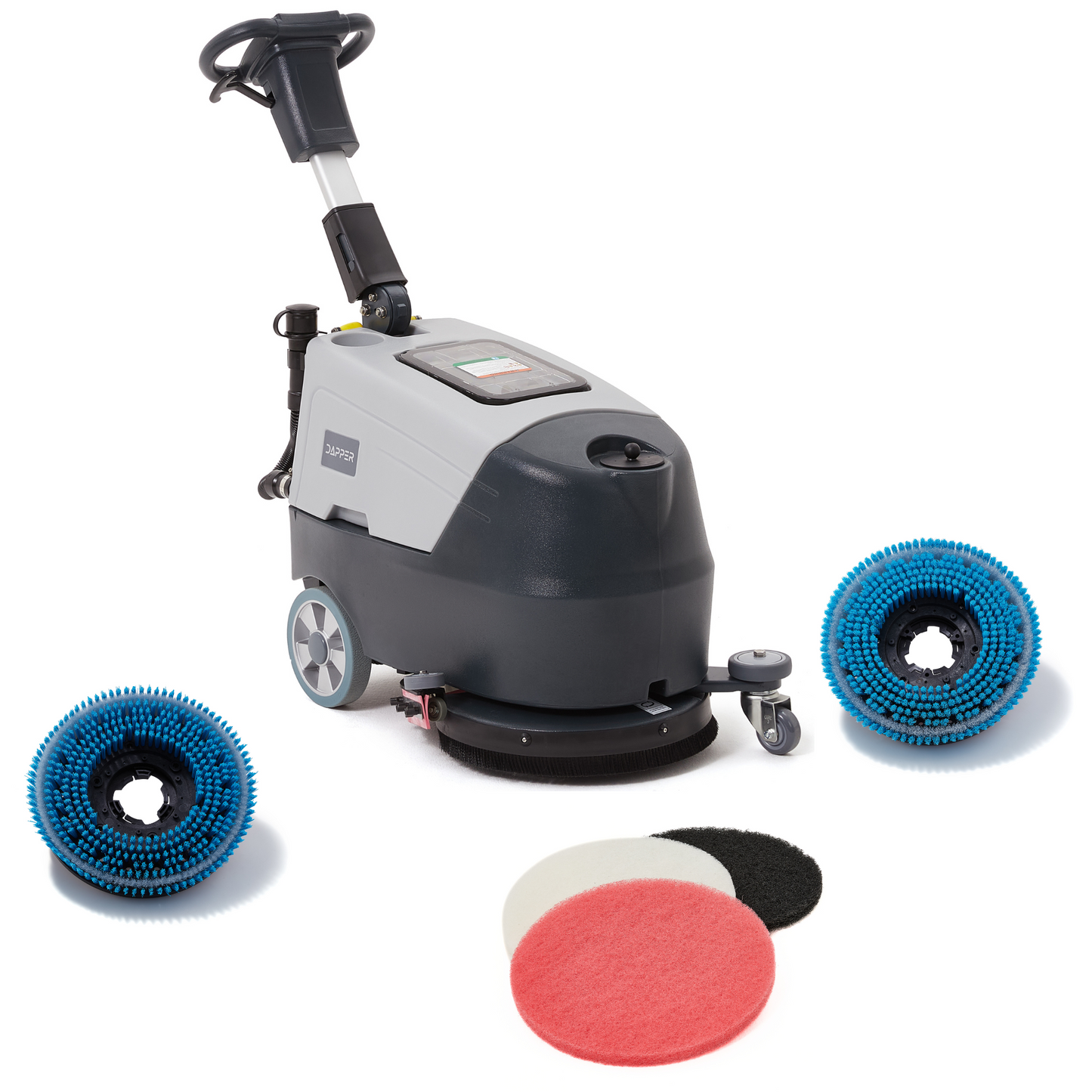 Battery Powered Scrubber Machine, 16" Brush, 21.5" Squeegee Width, 6.5 gal Tank, Brush Speed 200 RPM, with 3 Scouring pads