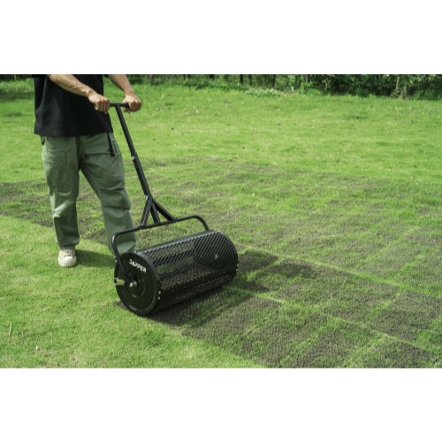 Compost Spreader, 24.4-25.6" Height Adjustable Handle, 24" Wide, Lawn and Garden Peat Moss Roller with Side Latches, Powder Coated Steel Mesh Basket for Spreading Manure, Topsoil, Black