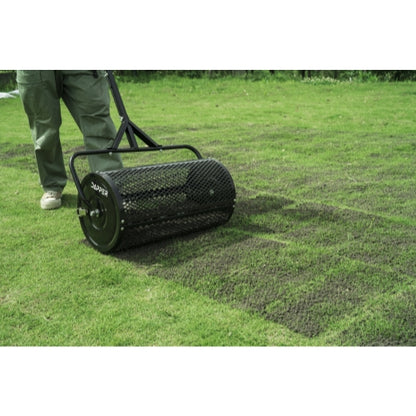 Compost Spreader, 24.4-25.6" Height Adjustable Handle, 24" Wide, Lawn and Garden Peat Moss Roller with Side Latches, Powder Coated Steel Mesh Basket for Spreading Manure, Topsoil, Black