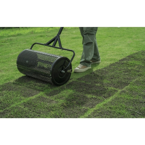 Compost Spreader, 24.4-25.6" Height Adjustable Handle, 24" Wide, Lawn and Garden Peat Moss Roller with Side Latches, Powder Coated Steel Mesh Basket for Spreading Manure, Topsoil, Black