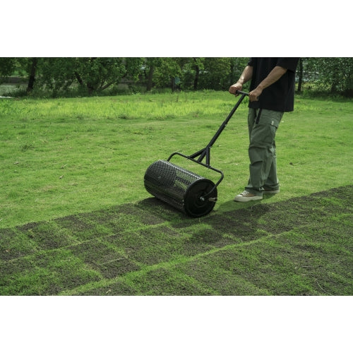 Compost Spreader, 24.4-25.6" Height Adjustable Handle, 24" Wide, Lawn and Garden Peat Moss Roller with Side Latches, Powder Coated Steel Mesh Basket for Spreading Manure, Topsoil, Black