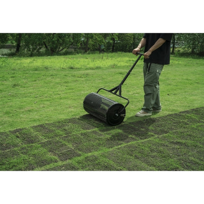 Compost Spreader, 24.4-25.6" Height Adjustable Handle, 24" Wide, Lawn and Garden Peat Moss Roller with Side Latches, Powder Coated Steel Mesh Basket for Spreading Manure, Topsoil, Black