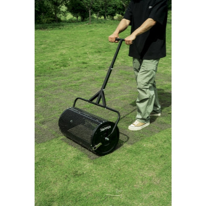 Compost Spreader, 24.4-25.6" Height Adjustable Handle, 24" Wide, Lawn and Garden Peat Moss Roller with Side Latches, Powder Coated Steel Mesh Basket for Spreading Manure, Topsoil, Black