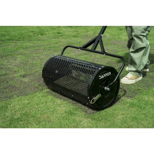 Compost Spreader, 24.4-25.6" Height Adjustable Handle, 24" Wide, Lawn and Garden Peat Moss Roller with Side Latches, Powder Coated Steel Mesh Basket for Spreading Manure, Topsoil, Black