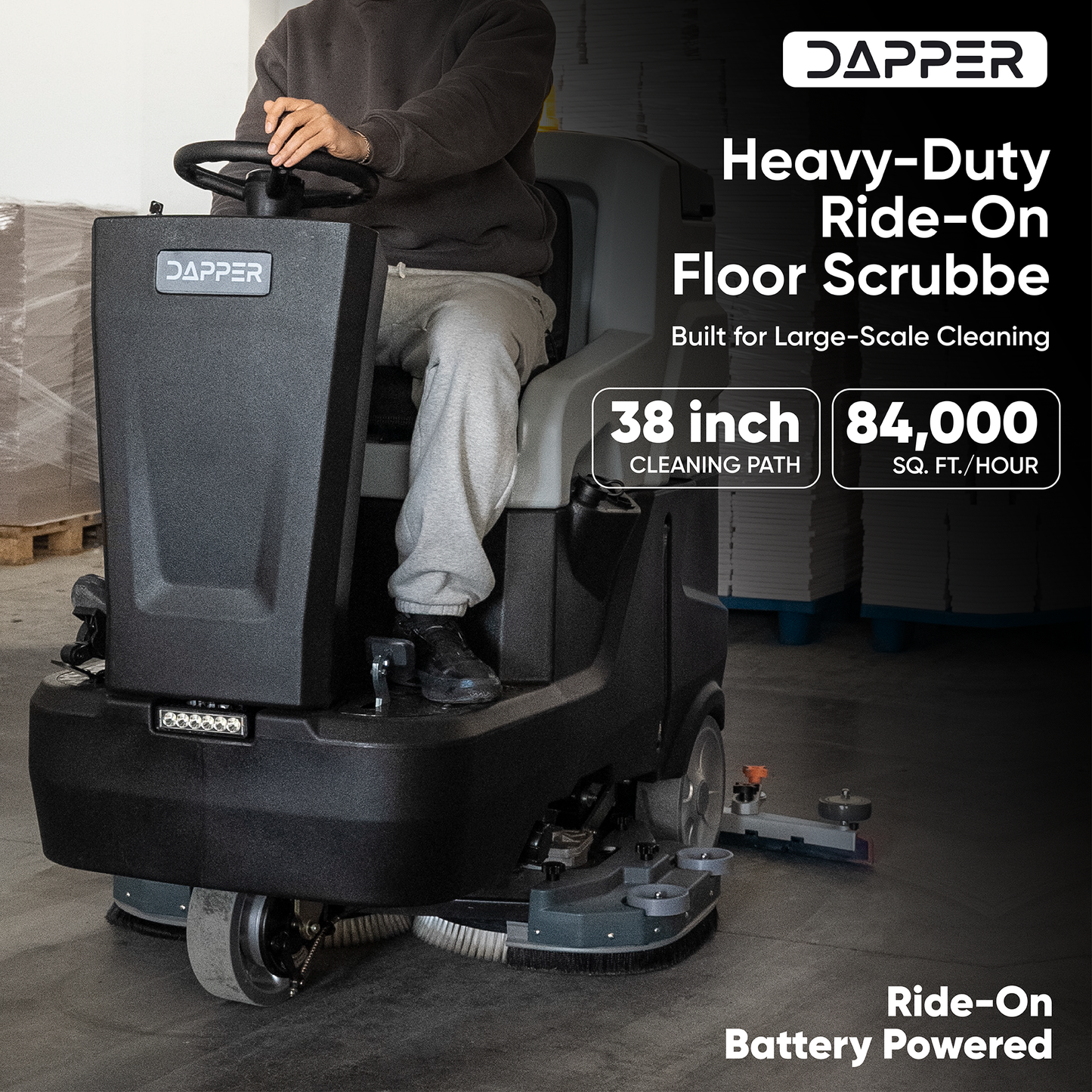 Battery Powered Ride-On Commercial Floor Scrubber Machine, 38" Brush, 48" Squeegee, 84,000 Sqft/H, Batteries Included