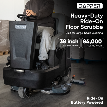 Battery Powered Ride-On Commercial Floor Scrubber Machine, 38" Brush, 48" Squeegee, 84,000 Sqft/H, Batteries Included