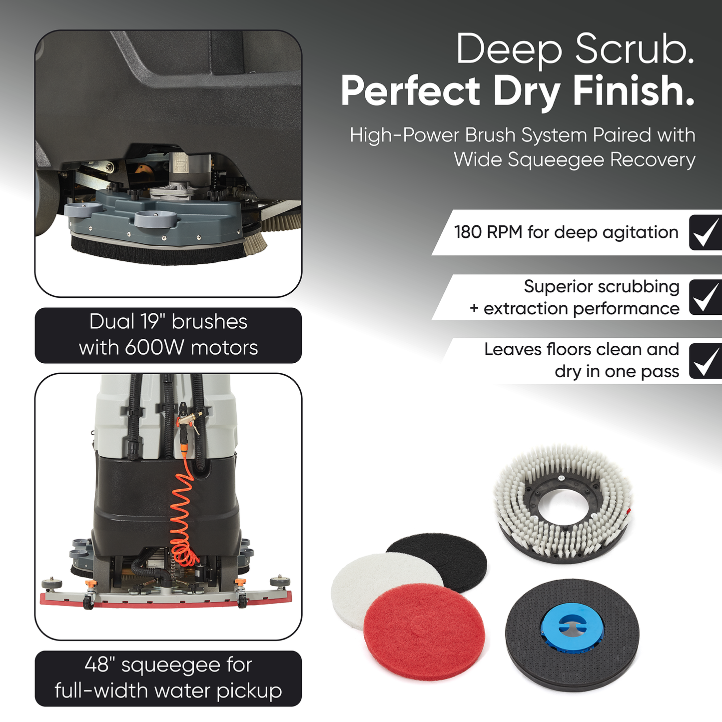 Battery Powered Ride-On Commercial Floor Scrubber Machine, 38" Brush, 48" Squeegee, 84,000 Sqft/H, Batteries Included