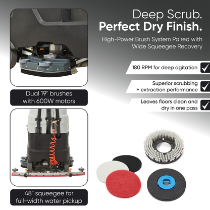 Battery Powered Ride-On Commercial Floor Scrubber Machine, 38" Brush, 48" Squeegee, 84,000 Sqft/H, Batteries Included