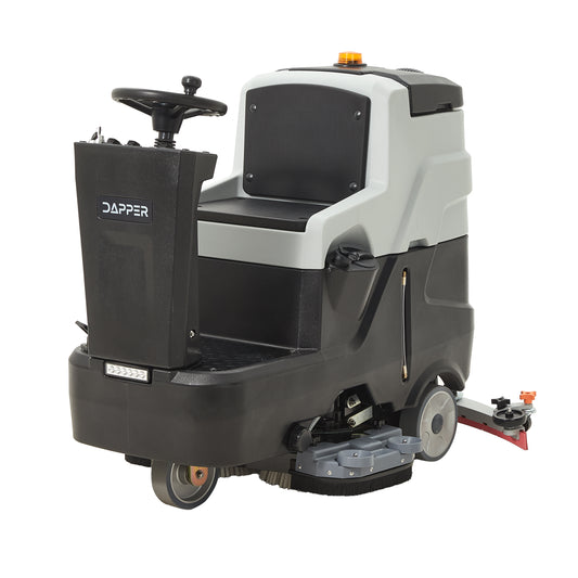 Battery Powered Ride-On Commercial Floor Scrubber Machine, 30" Brush, 39" Squeegee Width, 24 gal Solution Tank, 25 gal Recovery Tank, 5 hr Use 8 hr Charge, 180 RPM, 52,000 Sqft/H, Batteries Included
