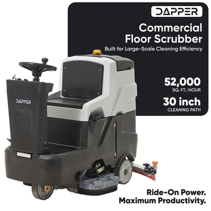 Battery Powered Ride-On Commercial Floor Scrubber Machine, 30" Brush, 39" Squeegee, 52,000 Sqft/H, Batteries Included