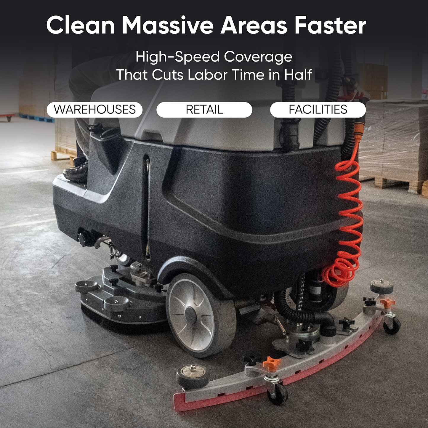 Battery Powered Ride-On Commercial Floor Scrubber Machine, 30" Brush, 39" Squeegee, 52,000 Sqft/H, Batteries Included