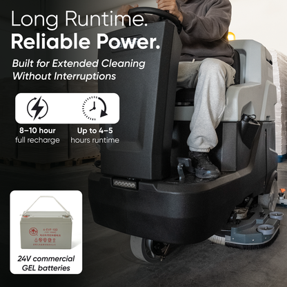 Battery Powered Ride-On Commercial Floor Scrubber Machine, 30" Brush, 39" Squeegee, 52,000 Sqft/H, Batteries Included