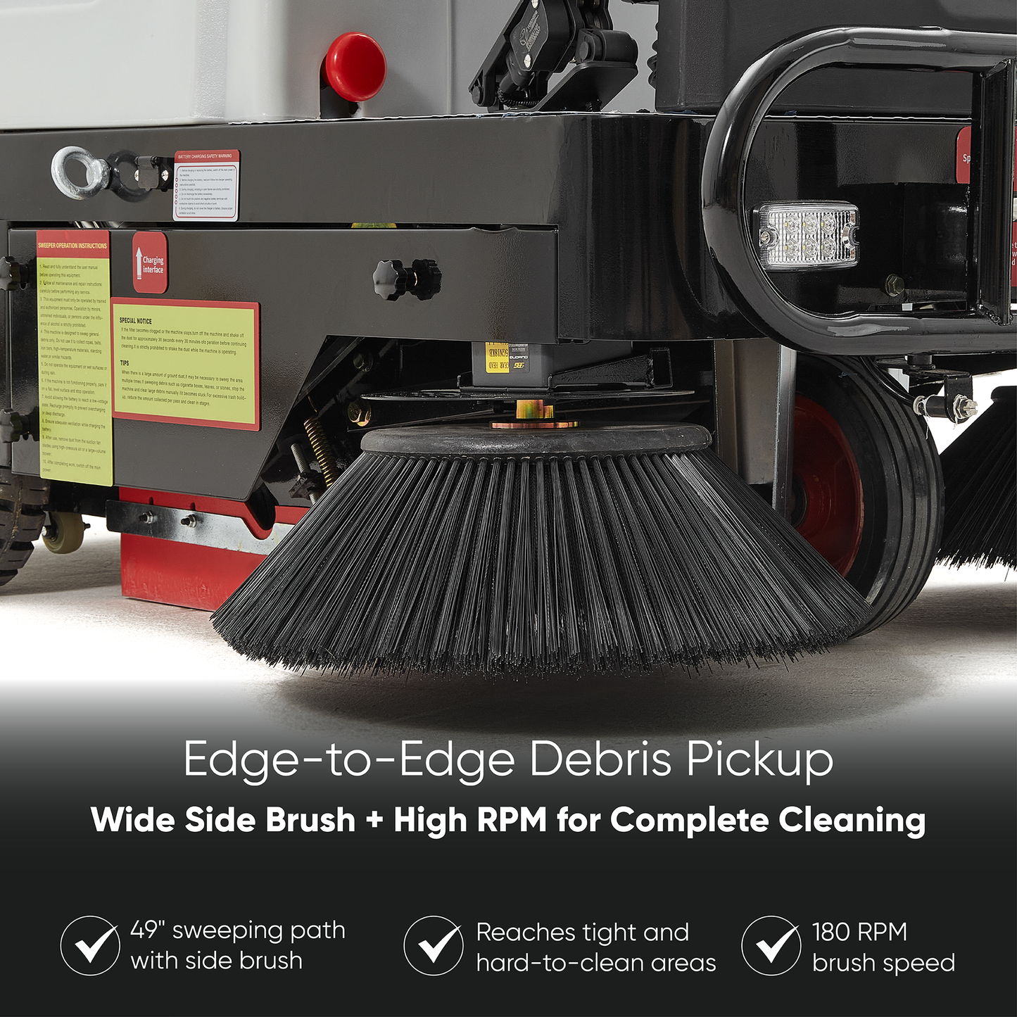 Battery Powered Ride-On Commercial Floor Sweeper, 49" Brush Width, 25 Gal Dustbin, 77,500 sq. ft/hr, 6 MPH Max Speed