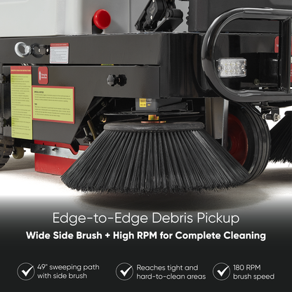 Battery Powered Ride-On Commercial Floor Sweeper, 49" Brush Width, 25 Gal Dustbin, 77,500 sq. ft/hr, 6 MPH Max Speed