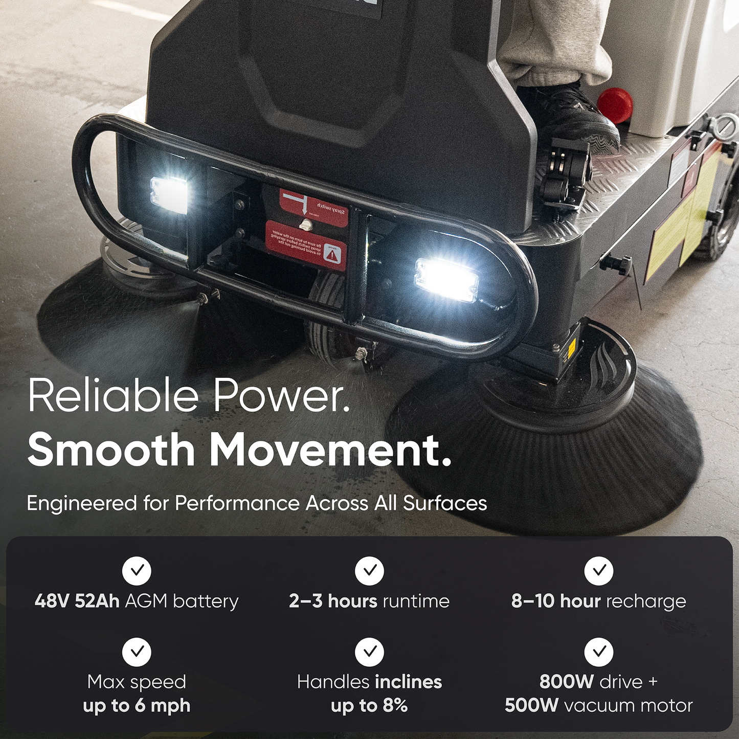 Battery Powered Ride-On Commercial Floor Sweeper, 49" Brush Width, 25 Gal Dustbin, 77,500 sq. ft/hr, 6 MPH Max Speed