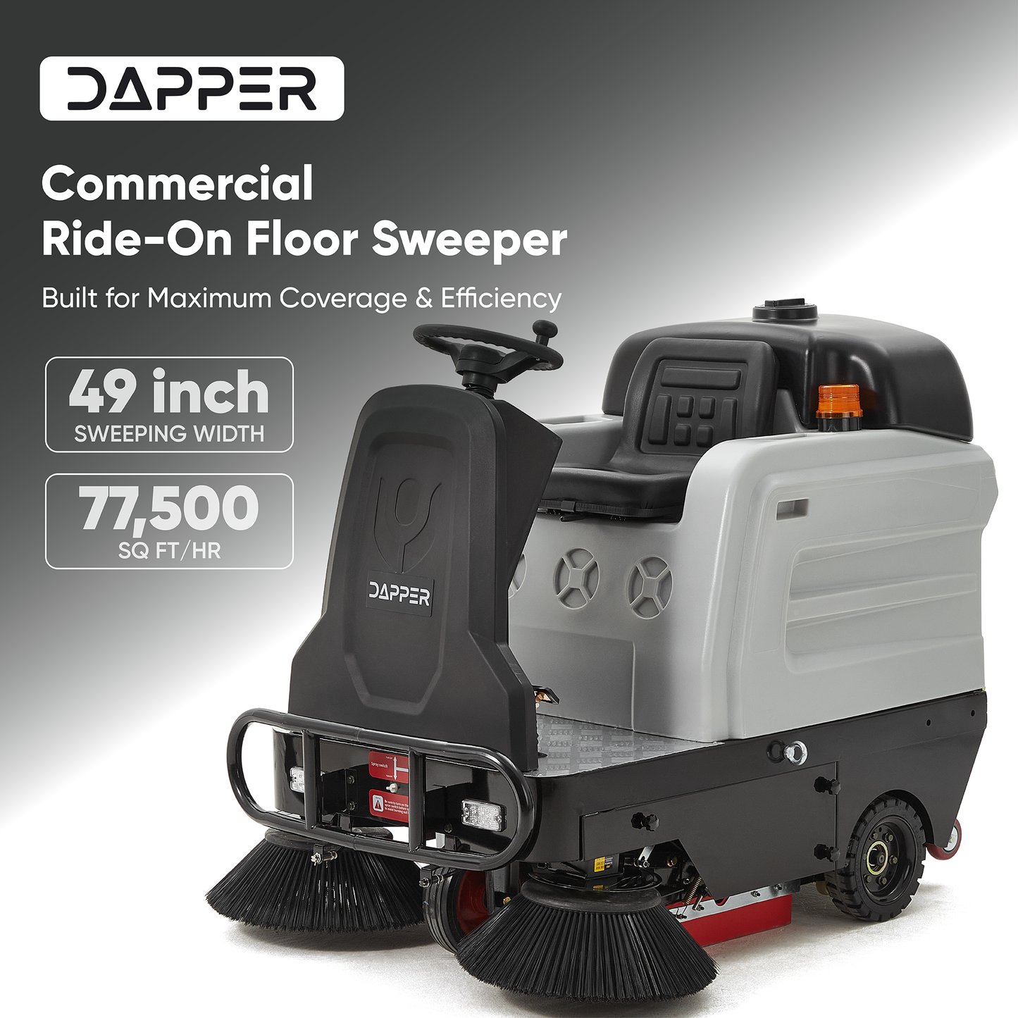 Battery Powered Ride-On Commercial Floor Sweeper, 49" Brush Width, 25 Gal Dustbin, 77,500 sq. ft/hr, 6 MPH Max Speed