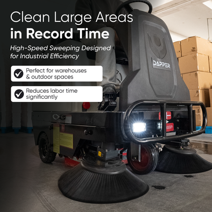Battery Powered Ride-On Commercial Floor Sweeper, 49" Brush Width, 25 Gal Dustbin, 77,500 sq. ft/hr, 6 MPH Max Speed