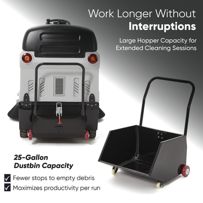 Battery Powered Ride-On Commercial Floor Sweeper, 49" Brush Width, 25 Gal Dustbin, 77,500 sq. ft/hr, 6 MPH Max Speed