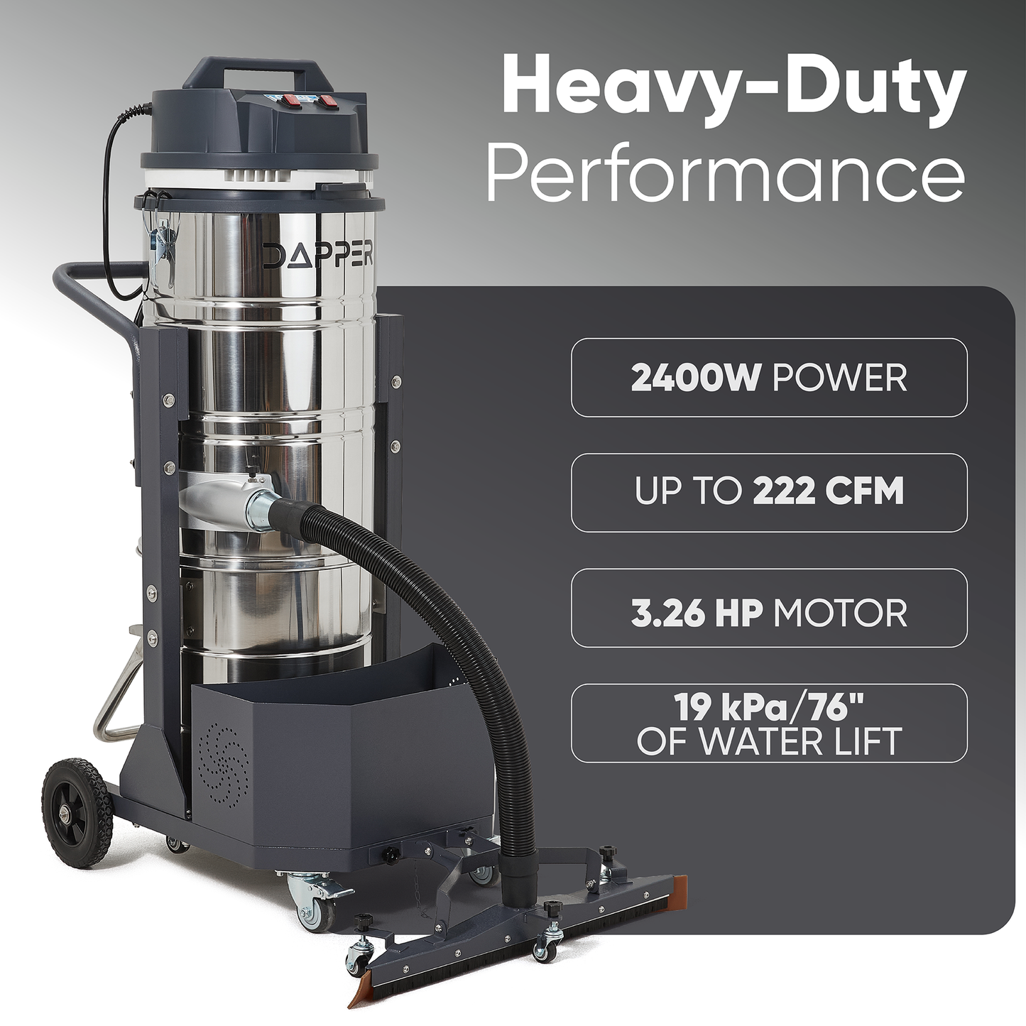 26.5 Gallon Heavy-Duty Industrial Wet/Dry Vacuum Dual Motor, 3.3 HP, 222 CFM