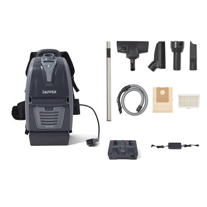 Dapper Commercial Battery Powered Backpack Vacuum Cleaner Lightweight 15 lb, 6 Qt Backpack Vacuum with HEPA Filter 2 in 1 Vacuum and Blower, for Hard Floors Carpet Stairs and Tight Spaces