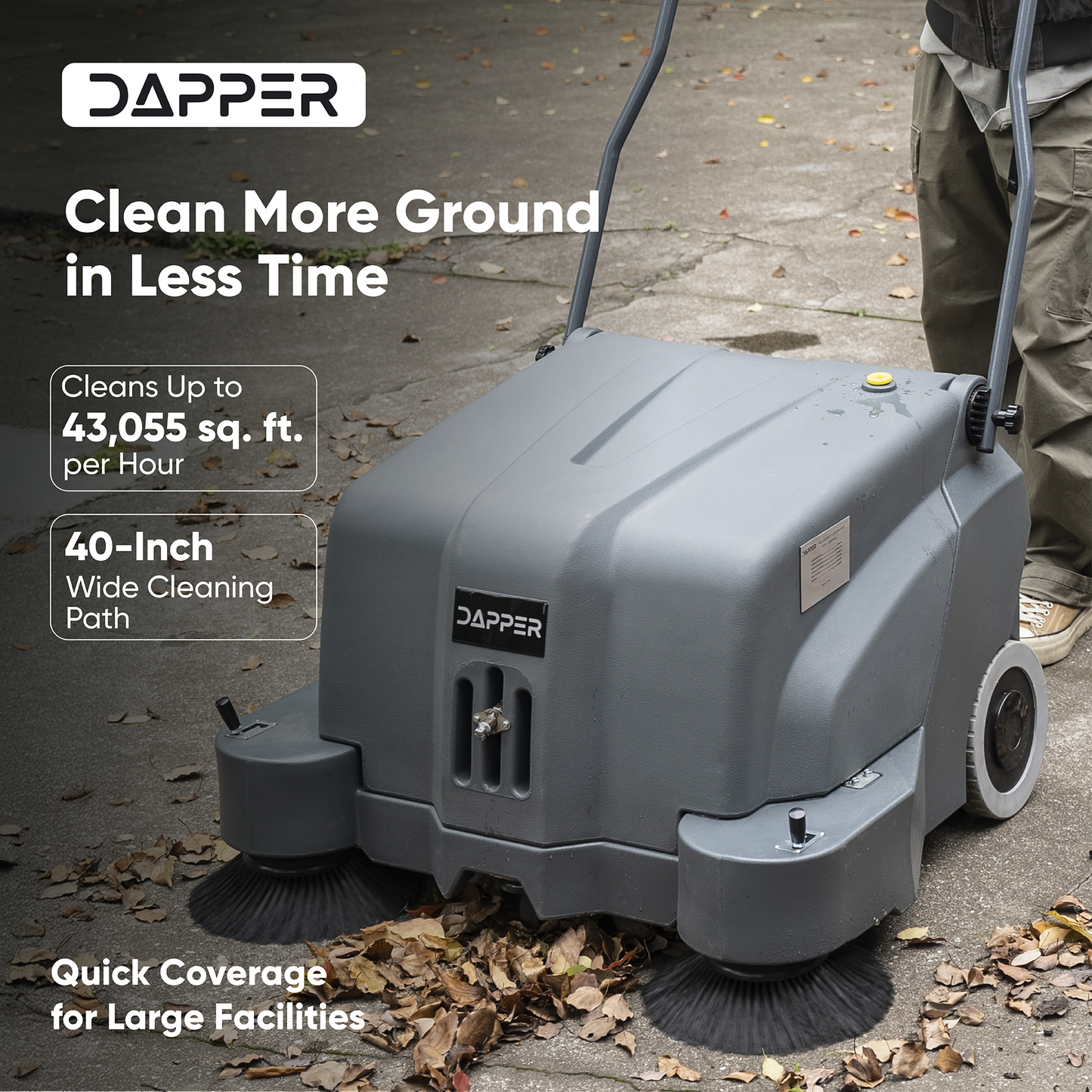 Commercial Walk-Behind Floor Sweeper, 40-Inch Battery-Powered, with Spray System, 12 Gal Hopper, 43,000 sq. ft/hr, 2hr Runtime - For Warehouses, Sidewalks, Parking Lots & Facilities