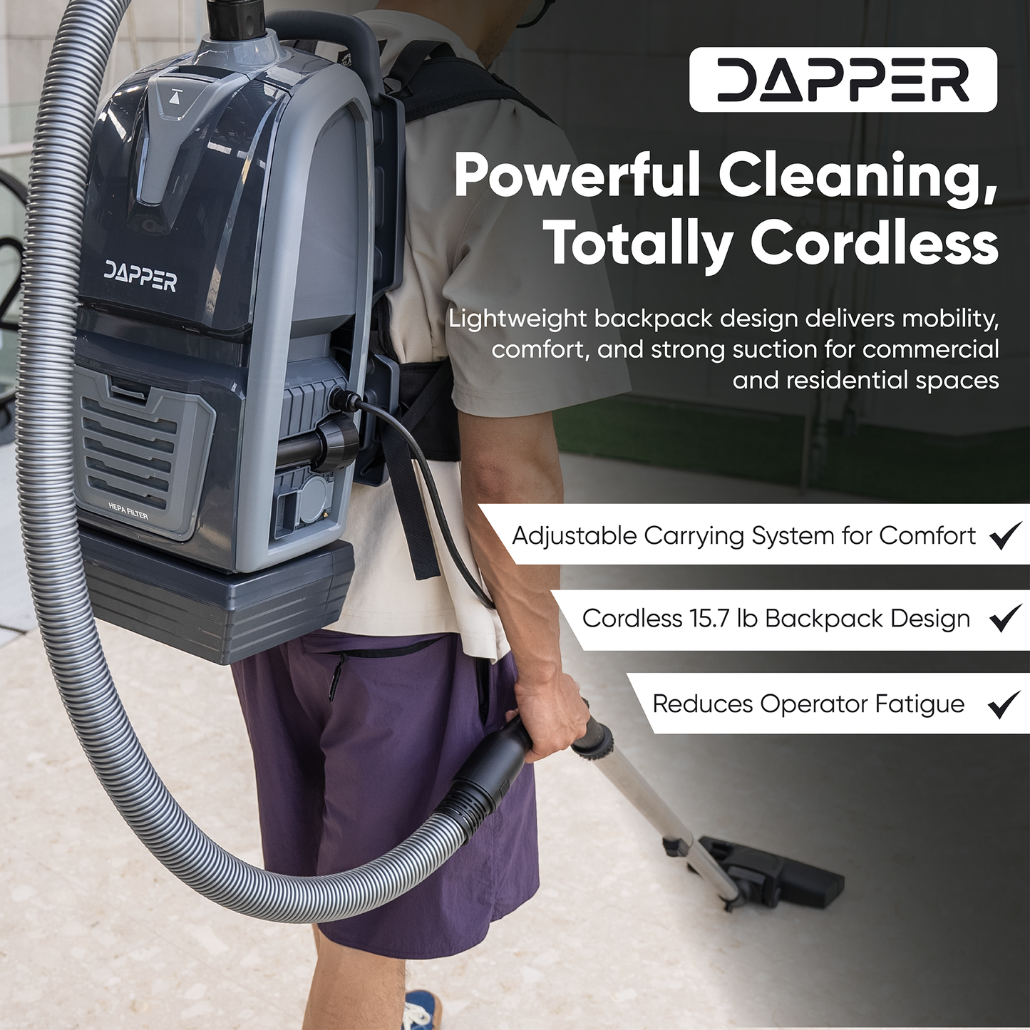 Dapper Commercial Battery Powered Backpack Vacuum Cleaner Lightweight 15 lb, 6 Qt Backpack Vacuum with HEPA Filter 2 in 1 Vacuum and Blower, for Hard Floors Carpet Stairs and Tight Spaces