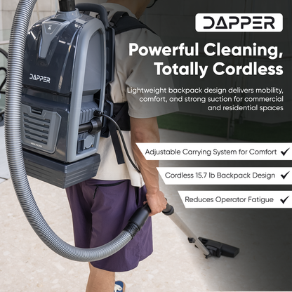 Dapper Commercial Battery Powered Backpack Vacuum Cleaner Lightweight 15 lb, 6 Qt Backpack Vacuum with HEPA Filter 2 in 1 Vacuum and Blower, for Hard Floors Carpet Stairs and Tight Spaces