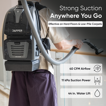 Dapper Commercial Battery Powered Backpack Vacuum Cleaner Lightweight 15 lb, 6 Qt Backpack Vacuum with HEPA Filter 2 in 1 Vacuum and Blower, for Hard Floors Carpet Stairs and Tight Spaces
