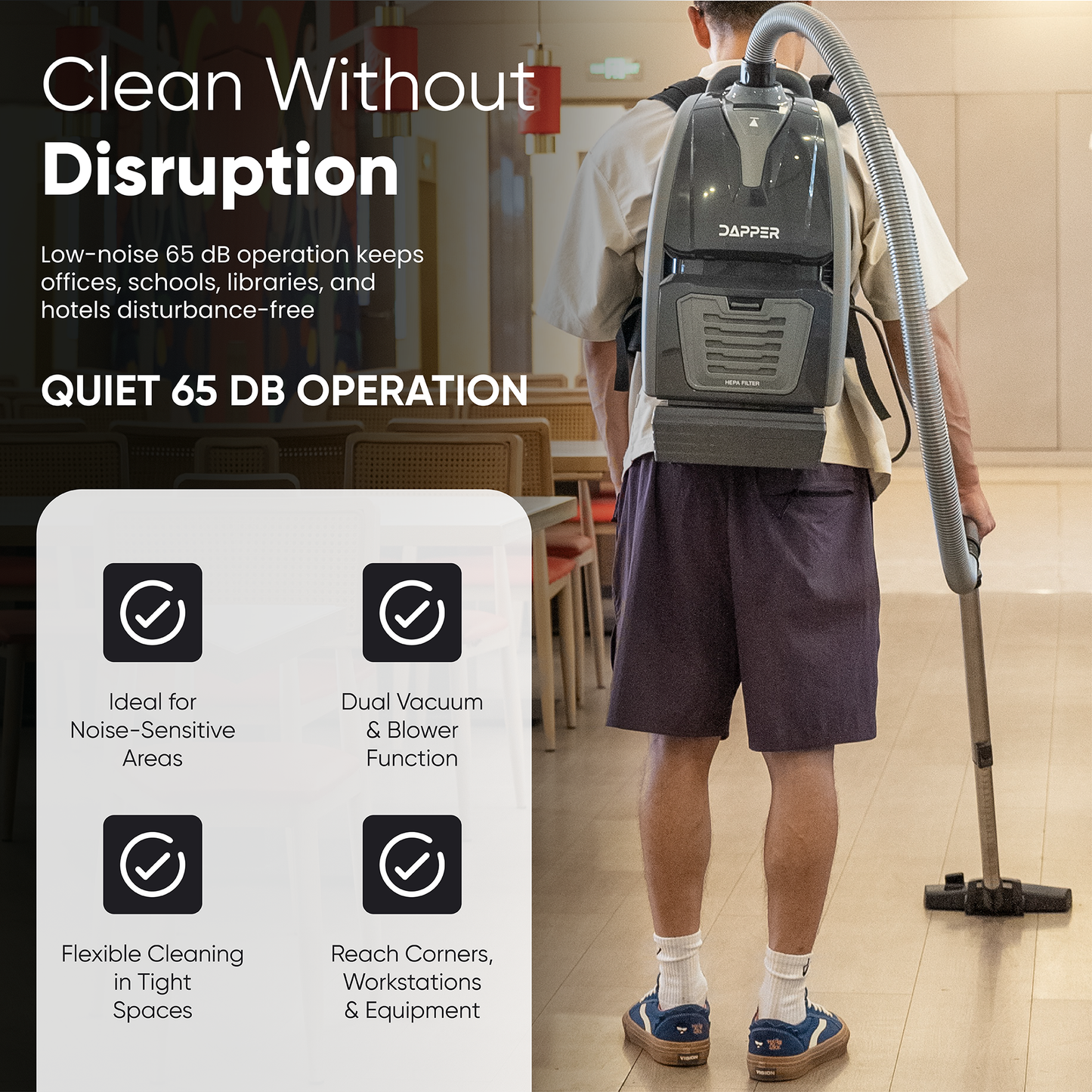 Dapper Commercial Battery Powered Backpack Vacuum Cleaner Lightweight 15 lb, 6 Qt Backpack Vacuum with HEPA Filter 2 in 1 Vacuum and Blower, for Hard Floors Carpet Stairs and Tight Spaces