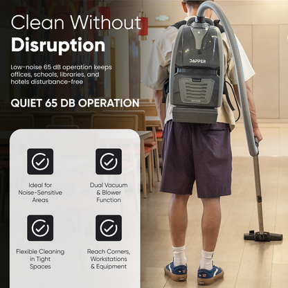 Dapper Commercial Battery Powered Backpack Vacuum Cleaner Lightweight 15 lb, 6 Qt Backpack Vacuum with HEPA Filter 2 in 1 Vacuum and Blower, for Hard Floors Carpet Stairs and Tight Spaces