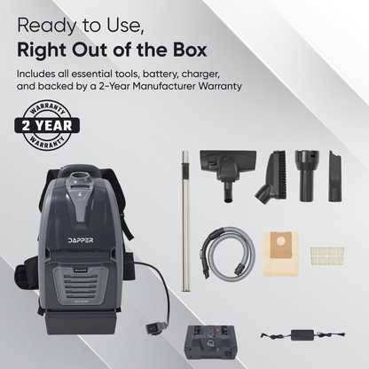 Dapper Commercial Battery Powered Backpack Vacuum Cleaner Lightweight 15 lb, 6 Qt Backpack Vacuum with HEPA Filter 2 in 1 Vacuum and Blower, for Hard Floors Carpet Stairs and Tight Spaces