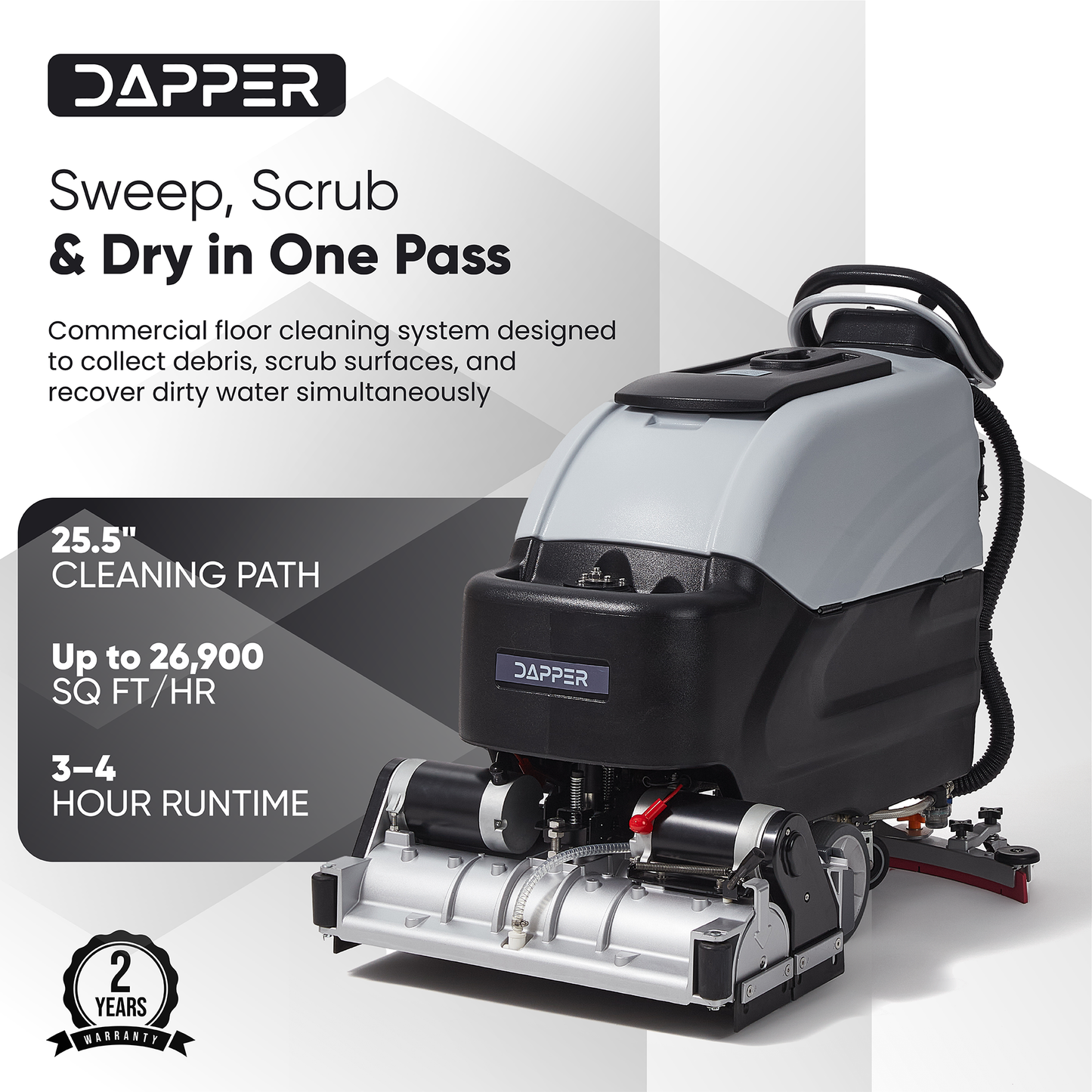 Battery-Powered Sweep & Scrub Commercial Floor Cleaning Machine, 25.5" Cleaning Path, 35" Squeegee, 14.5/17 Gal Tanks, Self-Propelled, 4-Hour Runtime, 2-Year Warranty