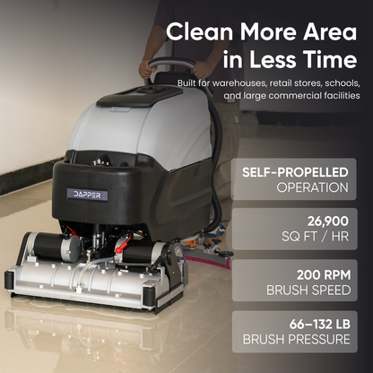 Battery-Powered Sweep & Scrub Commercial Floor Cleaning Machine, 25.5" Cleaning Path, 35" Squeegee, 14.5/17 Gal Tanks, Self-Propelled, 4-Hour Runtime, 2-Year Warranty