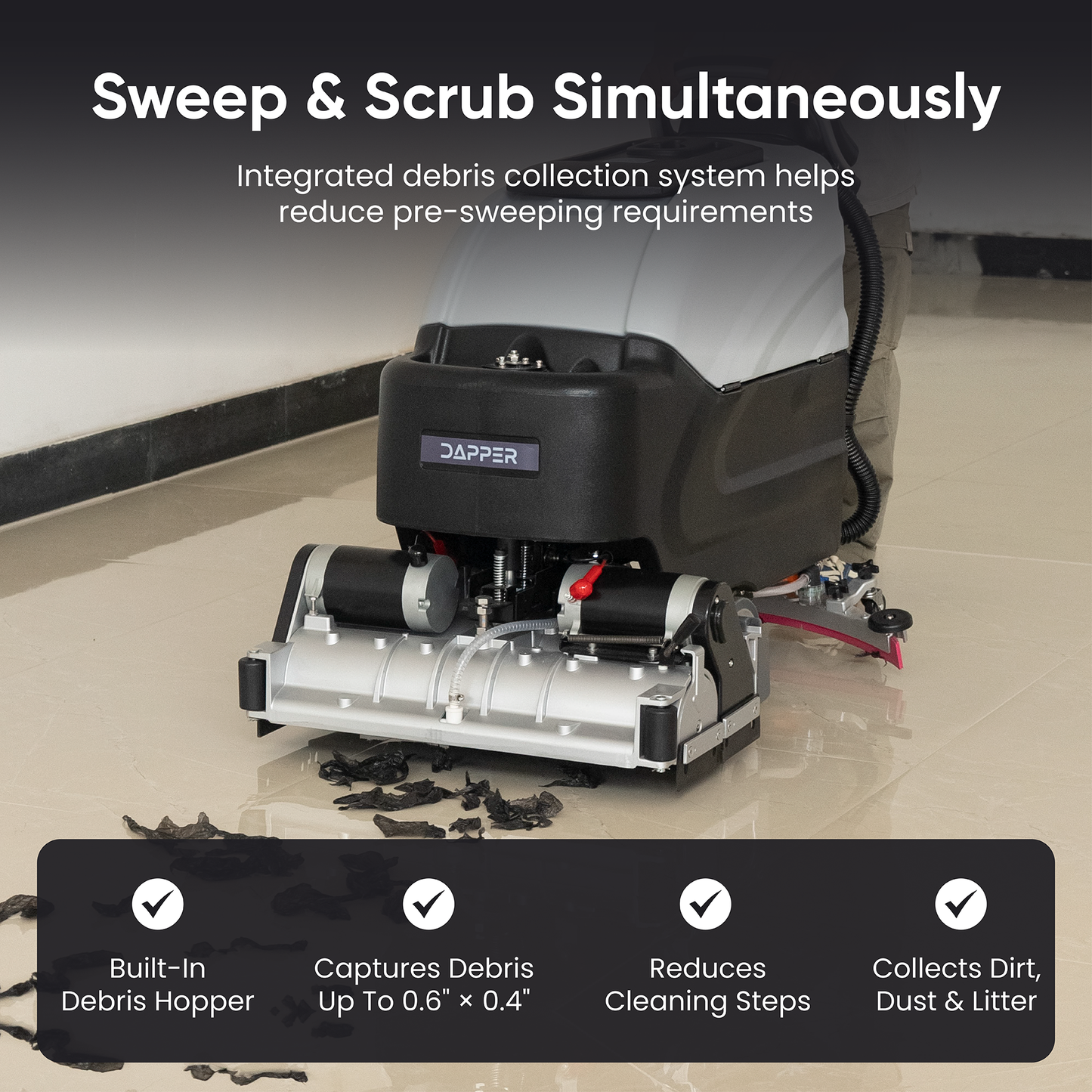 Battery-Powered Sweep & Scrub Commercial Floor Cleaning Machine, 25.5" Cleaning Path, 35" Squeegee, 14.5/17 Gal Tanks, Self-Propelled, 4-Hour Runtime, 2-Year Warranty