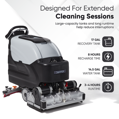 Battery-Powered Sweep & Scrub Commercial Floor Cleaning Machine, 25.5" Cleaning Path, 35" Squeegee, 14.5/17 Gal Tanks, Self-Propelled, 4-Hour Runtime, 2-Year Warranty