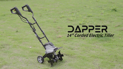 Dapper Supply 14″ Electric Tiller Cultivator, 10‑Amp Corded Garden Rototiller with 4 Steel Tines, Adjustable Depth Wheels, Foldable Handle, Lightweight Portable Soil Cultivator for Gardening
