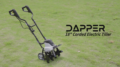 Dapper Supply 18″ Electric Tiller Cultivator, 15‑Amp Corded Garden Rototiller with 6 Steel Tines, Adjustable Depth Wheels, Powerful Soil Cultivator for Gardening and Landscaping